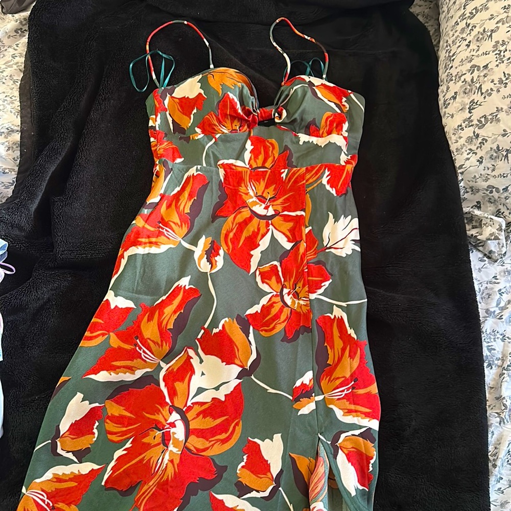 Tropical Print Green Midi Dress with Slit